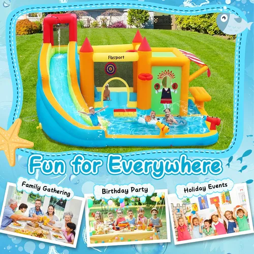 Vista 6 de FBSPORT - Casa inflable de rebote con tobogán acuático, casa de rebote para niños con soporte de juguete, piscina de salpicaduras, pared de Naranja