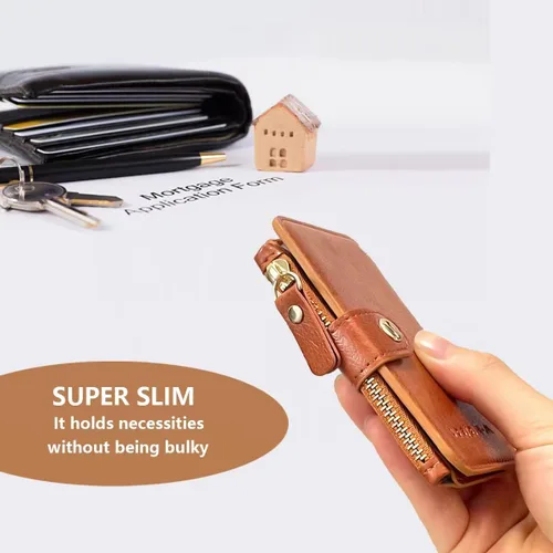 Vista 8 de Cartera con llavero, tarjetero con bloqueo RFID de piel, funda para tarjetas de crédito con cremallera para mujer, Marrón, Multifunción