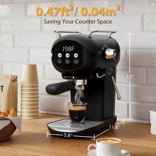 Vista 5 de Cafetera Espresso con espumador de leche a vapor semiautomática de 20 bares, diseño compacto en negro con interruptor de palanca para café espresso