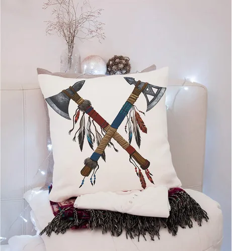 Vista 3 de Fundas de almohada con dos plumas cruzadas Tomahawks con cuentas de arma nacional india, hacha nativa americana, algodón y lino, fundas de almohada