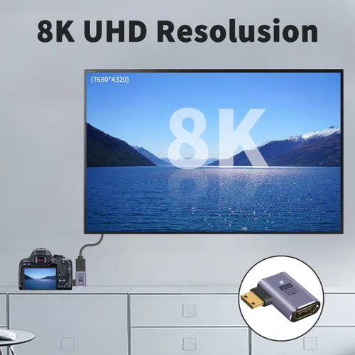 Vista 3 de Poyiccot Adaptador Mini HDMI a HDMI 8K, 90 grados de ángulo izquierdo y recto Mini-HDMI 2.1 convertidor con 48Gbps y 8K @60hz compatible con cámara
