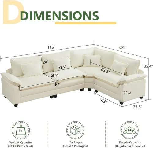 Vista 2 de Juego de sofá seccional modular de gran tamaño, sofá de nube convertible de asiento profundo, sofá esquinero grande en forma de L con cojines Beige