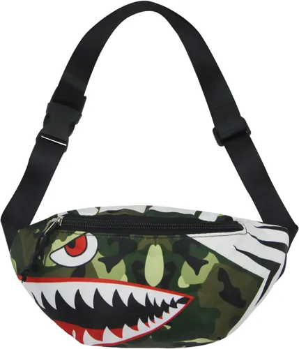 Vista 2 de Riñonera pequeña para niños y niñas, con diseño de tiburón de dibujos animados, para deportes, correr, bolsa de cintura, Camuflaje
