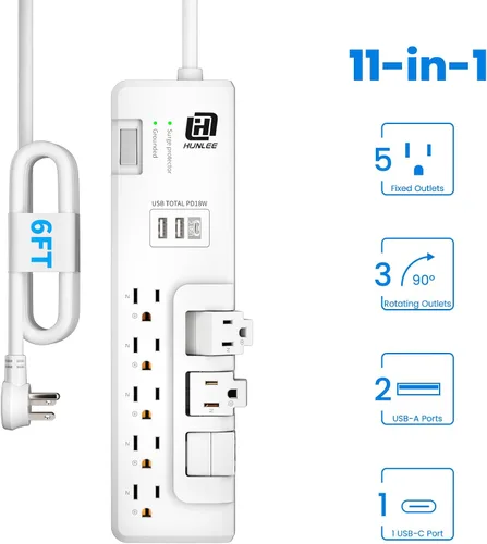 Vista 5 de Protector de sobretensiones USB con tomas giratorias, 3 tomas de corriente y 5 tomas estándar, protección contra sobretensiones 2300J, 3 puertos USB