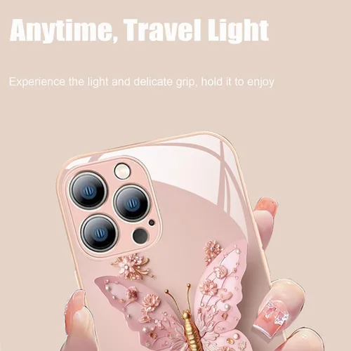 Vista 3 de Funda de vidrio con patrón de mariposa 3D plana compatible con iPhone, funda para teléfono con cubierta de vidrio con patrón de mariposa