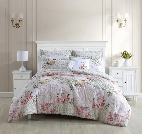 Vista 22 de Laura Ashley - Juego de edredón King, ropa de cama de algodón suave y reversible, juego de cama de peso medio de 7 piezas con fundas de almohada a