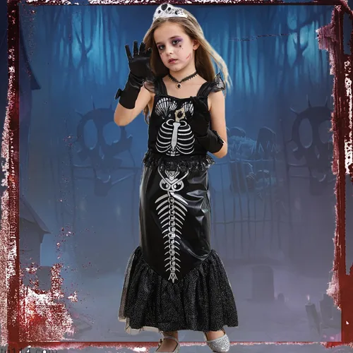 Vista 2 de Disfraz de esqueleto de sirena para niñas, vestido negro de princesa Ariel, disfraz de Halloween con accesorios