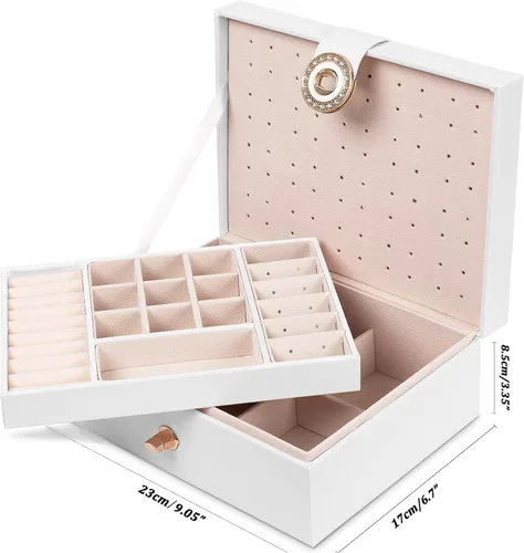 Vista 6 de QBestry Organizador de aretes para niñas, caja de joyería blanca para aretes, collares, organizador de joyas, tachuelas, caja de aretes para mujer