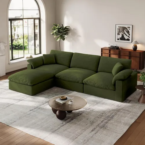 Vista 31 de Sofá modular Cloud para sala de estar, sofás de mezcla de lino en forma de L, modernos sofás de nube de asiento profundo, sofás seccionales Beige