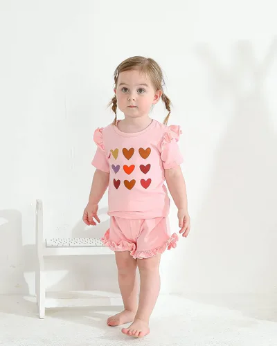 Vista 5 de Mioglrie Ropa para bebé niña con volantes y pantalones cortos, conjunto de ropa para niñas pequeñas