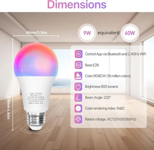 Vista 2 de ORALUCE Bombilla inteligente compatible con Alexa y Google Home, bombilla LED A19 E26 equivalente a 60 W, WiFi de 2.4 GHz y Bluetooth que cambia