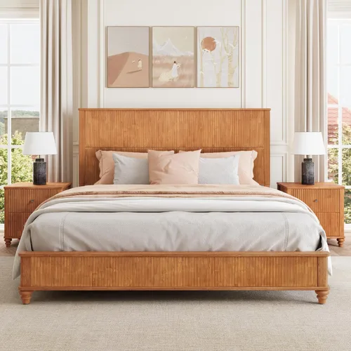 Vista 14 de Conjunto de dormitorio de 4 piezas estilo granja, cama plataforma tamaño queen con 2 mesitas de noche y almacenamiento de 5 cajones, estructura
