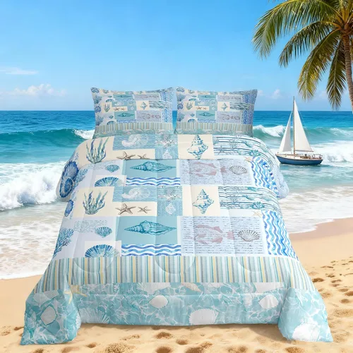 Vista 31 de Juego de edredón Lake House tamaño Twin, juego de ropa de cama náutica de navegación con ancla de 2 piezas para decoración de habitación de niños