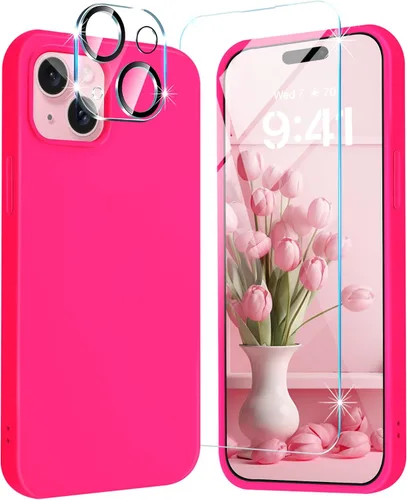 Vista 9 de Fingic Funda para iPhone 13 [5 en 1 con 1 protector de pantalla + 1 protector de lente de cámara] Cojín de forro de microfibra de silicona líquida