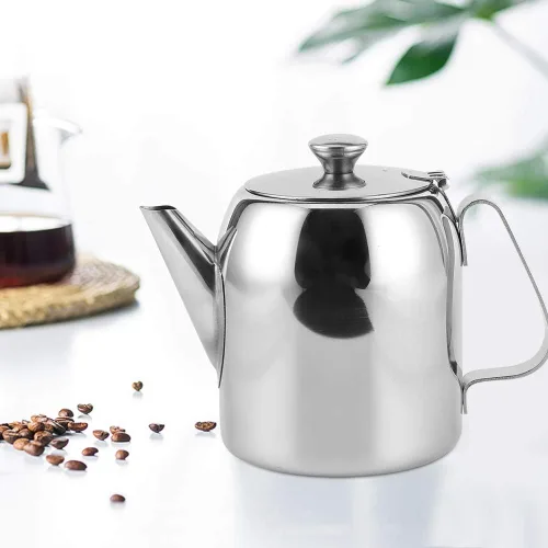 Vista 4 de Cafetera, tetera de acero inoxidable de grado alimenticio, tetera de té de boquilla corta, olla de agua redonda duradera para restaurante, hogar