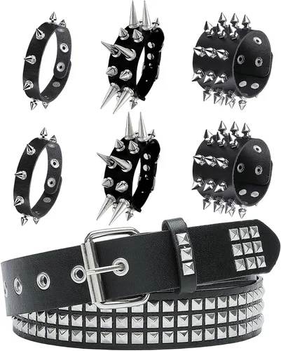 Vista 9 de YMO Cinturón negro con tachuelas, pulseras con clavos, cinturón emo, remache, pulsera punk, accesorios para hombres y mujeres Clásico