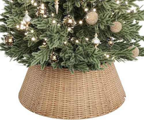 Vista 16 de Collar de mimbre para árbol de Navidad, cubierta de base de árbol PP marrón plano