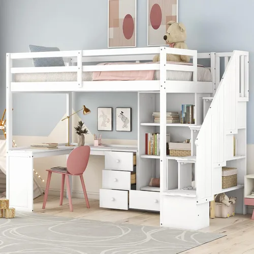 Vista 10 de Quarte Cama tipo loft única con cajones de almacenamiento y escaleras, cama alta de madera tamaño individual con estantes y barandillas, para niños