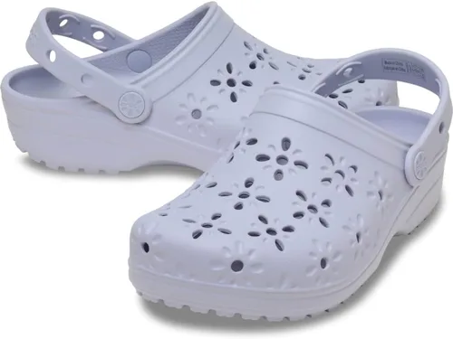 Vista 2 de Crocs Zuecos clásicos unisex para adultos con diseño floral recortado, Luna violeta, 8 mujer/6 hombre