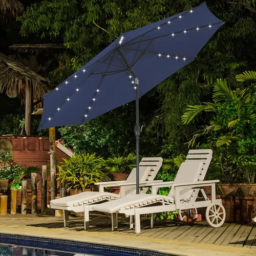 Vista 31 de Sombrilla solar de patio de 10 pies con base, 32 luces LED, sombrilla de mercado al aire libre con botón de inclinación y grietas para jardín Azul
