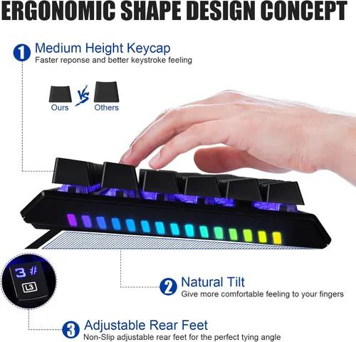 Vista 3 de GOFREETECH - Teclado mecánico de PC con cable RGB retroiluminado azul LED resistente a derrames sensación mecánica ergonómica de 104 teclas