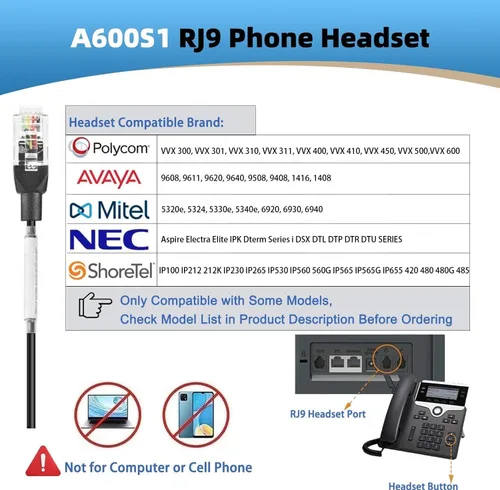 Vista 3 de Arama Auriculares de teléfono para teléfonos de oficina para Polycom