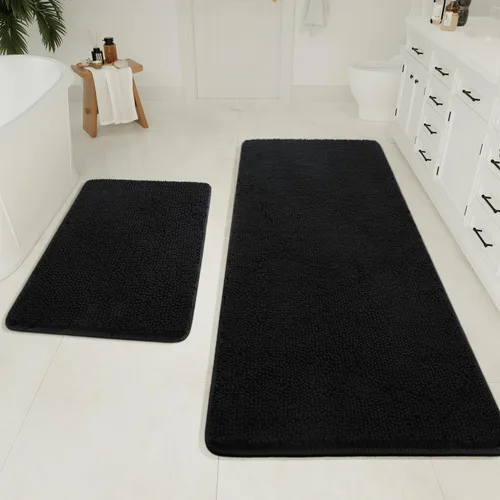 Vista 12 de LOCHAS Juego de 2 alfombras de baño de 17 x 24 pulgadas más 20 x 32 pulgadas de grosor, antideslizantes, alfombra de baño de felpilla suave y Negro