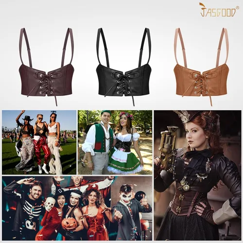 Vista 7 de JASGOOD Cinturón de piel sintética para mujer, cinturón de corsé Steampunk para Halloween