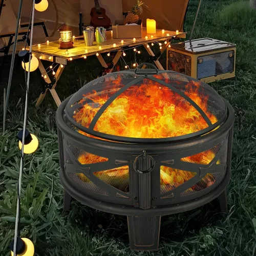 Vista 4 de Breezz Fogata de leña de 26 pulgadas con parrilla de cocina y pantalla de chispas, hoguera redonda de metal para exteriores, patio, fiesta