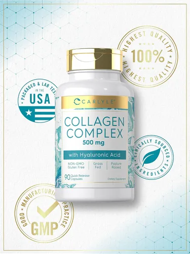 Vista 5 de Carlyle Pastillas de colágeno con ácido hialurónico 500 mg 90 cápsulas Colágeno hidrolizado tipo 1 y 3 Suplemento sin OMG, sin gluten