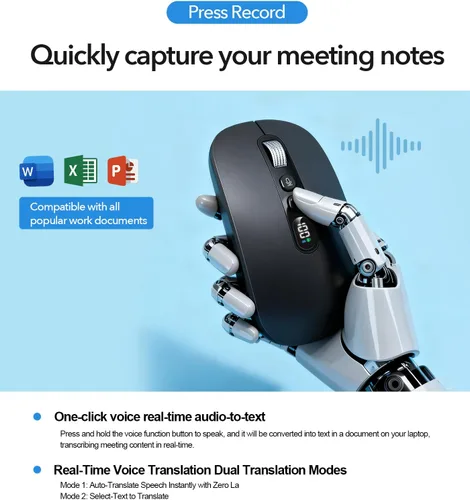 Vista 3 de Ratón inalámbrico AI con traductor de voz a texto y más de 200 idiomas, Bluetooth 5.0 inalámbrico silencioso para MacBook/PC/portátil, USB-C