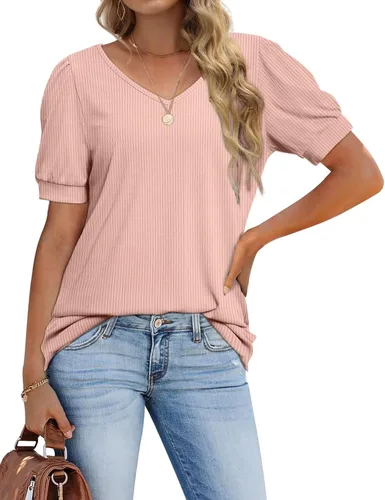 Vista 2 de OFEEFAN T Shirts for Women V Neck Summer Tops Puff Sleeve Loose Fit Basic Casual