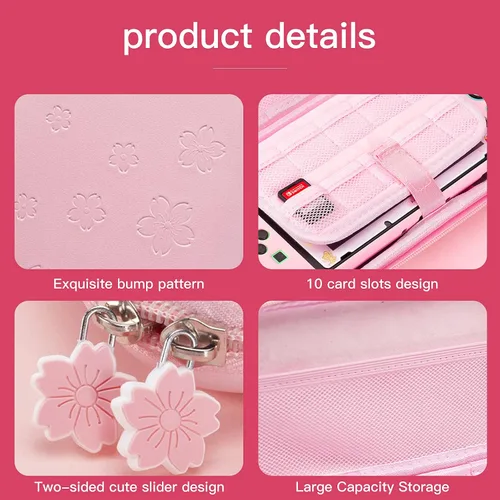 Vista 3 de Sakura - Kit de accesorios de transporte de viaje rosa, funda de transporte rosa compatible con Nintendo Switch. Funda protectora rígida rosa