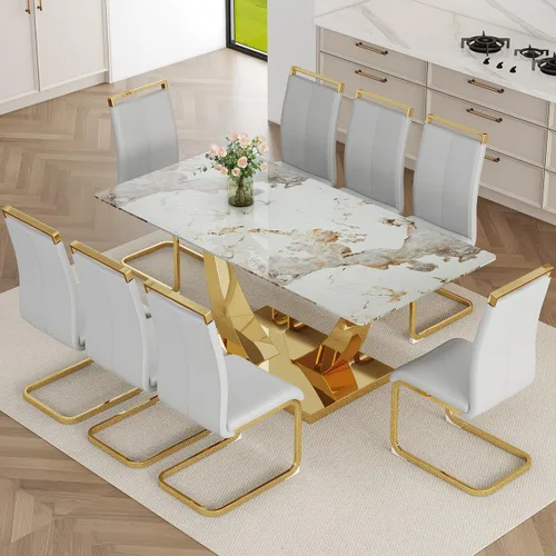 Vista 21 de Juego de Mesa de Comedor Negra para 6, Mesa de Comedor de Mármol Falso de 71" para 6, Juego de Mesa de Cocina Rectangular con Sillas de Cuero PU