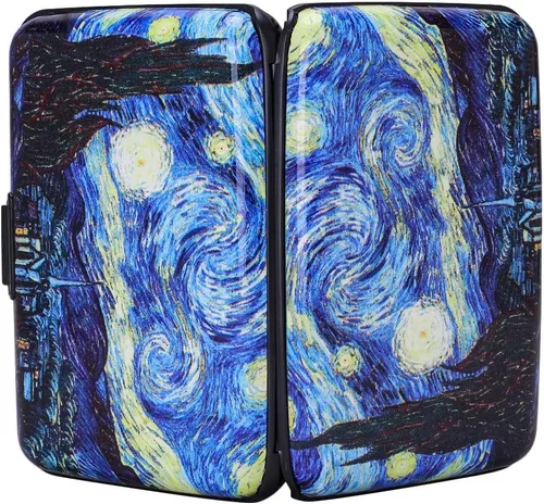 Vista 3 de ELFISH Cartera de aluminio con bloqueo RFID para tarjetas de crédito para hombres y mujeres, ver luna, Cartera RFID