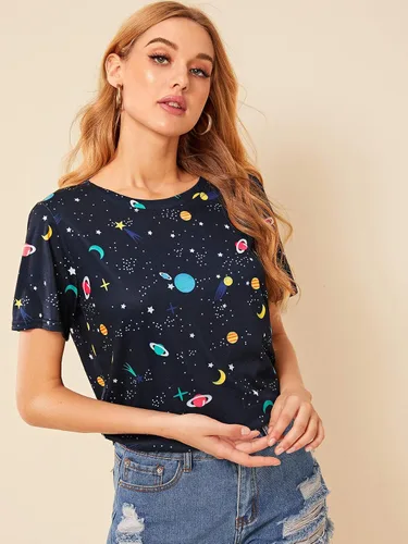 Vista 3 de Romwe Camiseta de manga corta con estampado de frutas para mujer