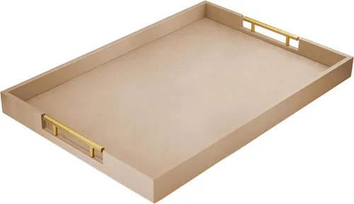 Vista 13 de ATZYmolin - Bandeja de servicio de madera de 17" x 12" con asas de metal dorado pulido, bandeja decorativa de madera rectangular para otomano