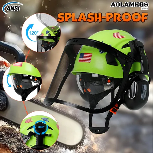 Vista 3 de Casco de motosierra con protector facial y orejeras, casco de arborista ventilado con protección auditiva y máscara de malla completa, casco Kit