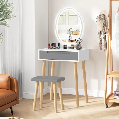 Vista 6 de YOURLITE Pequeño escritorio de tocador con espejo y luces, escritorio de maquillaje con silla y cajones para espacio pequeño, tocador gris