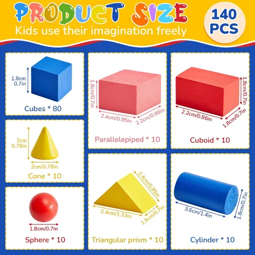 Vista 2 de 140 piezas de miniformas 3D para enseñanza, madera geométrica sólida, formas geométricas 3D, manipuladores de aula para escuela primaria, geometría