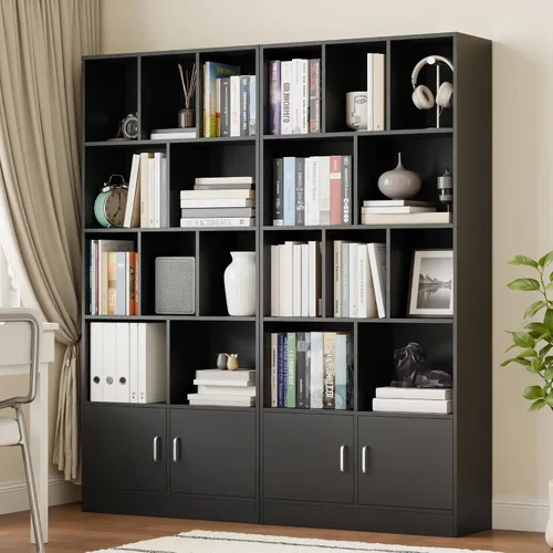 Vista 4 de Cozy Castle Estantería negra de 70 pulgadas de alto con 12 cubos y 2 puertas, estantería abierta de 4 niveles con gabinete, organizador