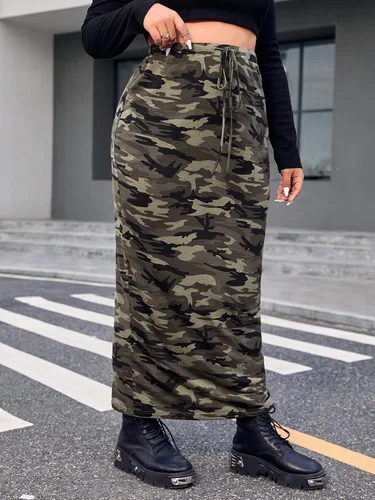 Vista 4 de Verdusa Falda larga casual con cordón de cintura alta con estampado de camuflaje para mujer