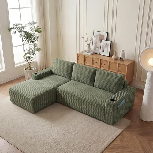 Vista 49 de Sofás seccionales sin hueso en forma de L de 104 pulgadas para sala de estar, cómodo sofá de pana con diván y portavasos, reposabrazos ancho