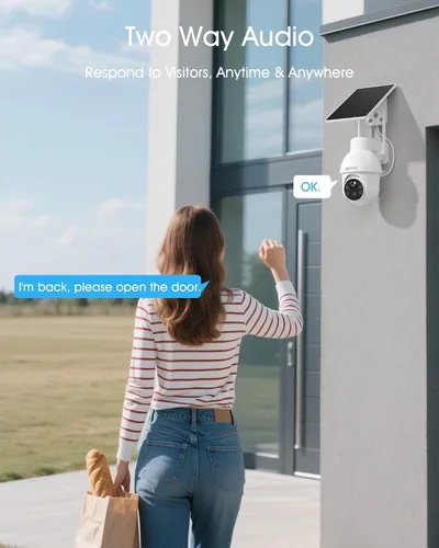 Vista 5 de ANRAN - Cámara de seguridad solar inalámbrica 2K para exteriores, visión nocturna a color con giro/inclinación de 360°, detección humana PIR, audio