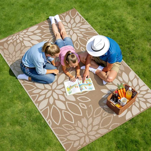 Vista 7 de HEBE Alfombra impermeable para exteriores de 5 x 8 pies para patios, alfombra de paja de plástico reversible floral, alfombra de patio, alfombra