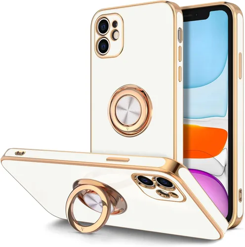 Vista 12 de Hython Funda para iPhone 11 con soporte de anillo [soporte de anillo giratorio de 360° con soporte magnético] [borde de oro rosa chapado en brillo]