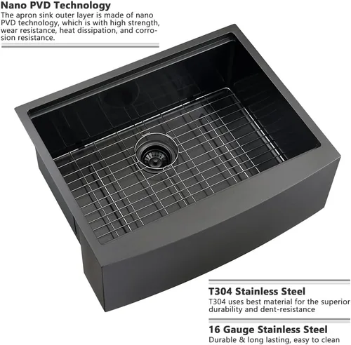 Vista 6 de Fregadero negro de 24 pulgadas para casa de campo, fregadero de cocina de 24 x 22 pulgadas con delantal frontal, acero inoxidable de calibre 16