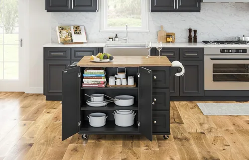 Vista 7 de Homestyles Dolly Madison Carrito de Isla de Cocina Móvil Negro con Barra de Desayuno de Hoja Plegable de Madera