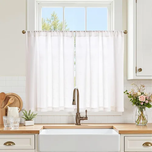 Vista 48 de Jinchan - Cortinas de cocina de lino rústico beige con bolsillo para barra, 26 x 36 pulgadas, 2 paneles
