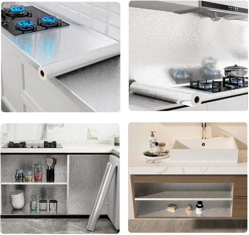 Vista 2 de Papel tapiz para cocina, adhesivo a prueba de aceite, salpicaduras, hoja de aluminio autoadhesiva, papel plateado, forro para gabinete, forro